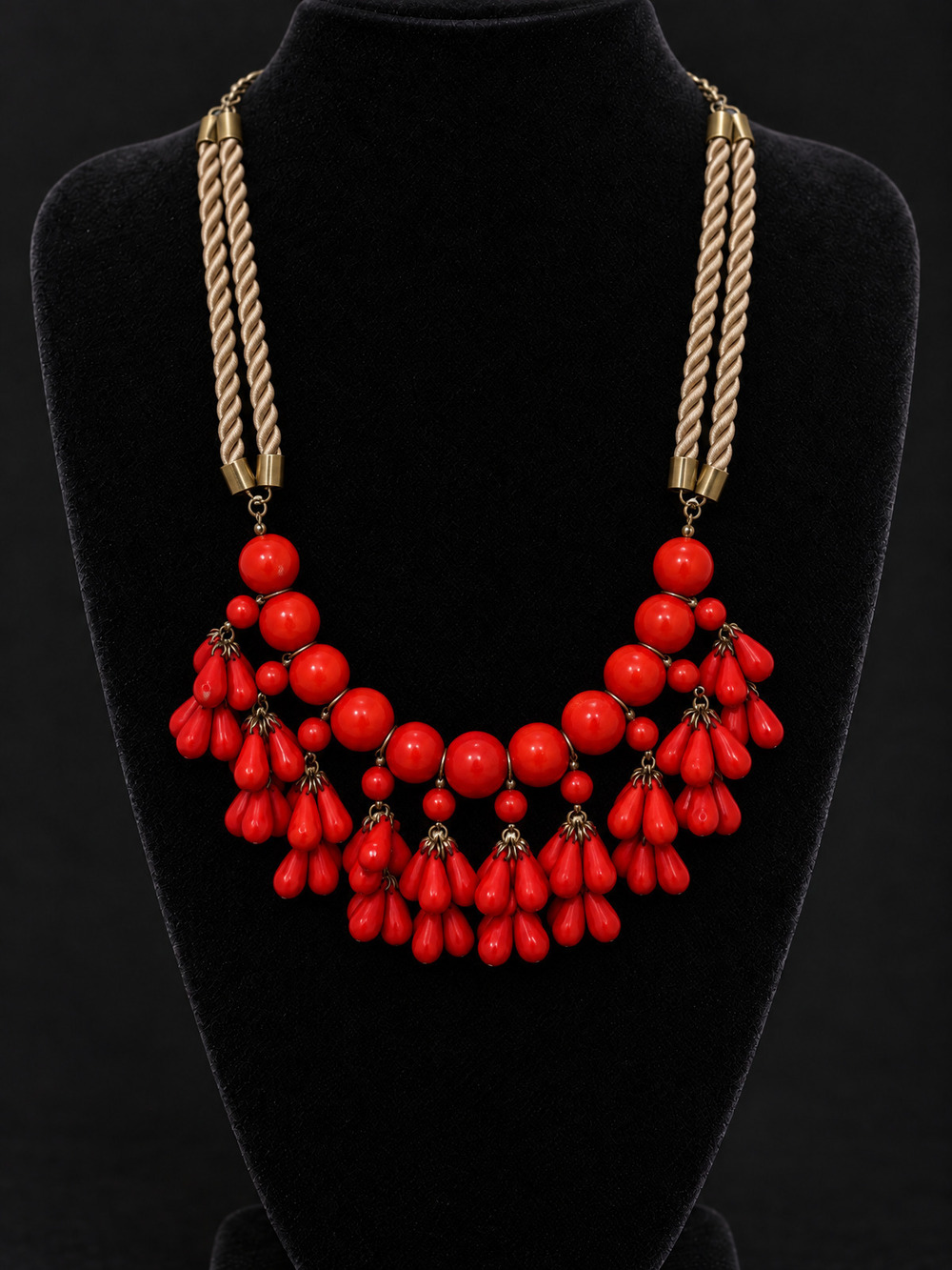 βοΈ Statement Bib Necklace | Red Bead & Twisted Cord | Red, Gold-tone π